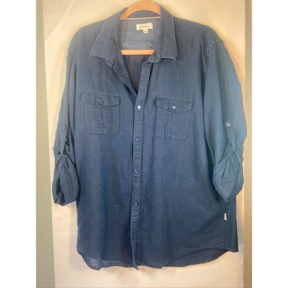 Calvin Klein Tops - CALVIN KLEIN WOMENS XLARGE ROLL TAB SLEEVE LINEN COTTEN BLEND BLUE BUTTON SHIRT